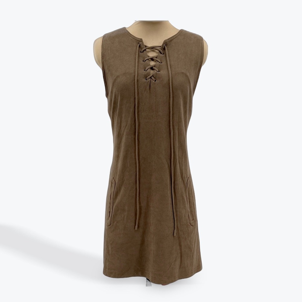 Smell The Roses Brown Faux Suede Lace Up Sleeveless Mini Dress Size S